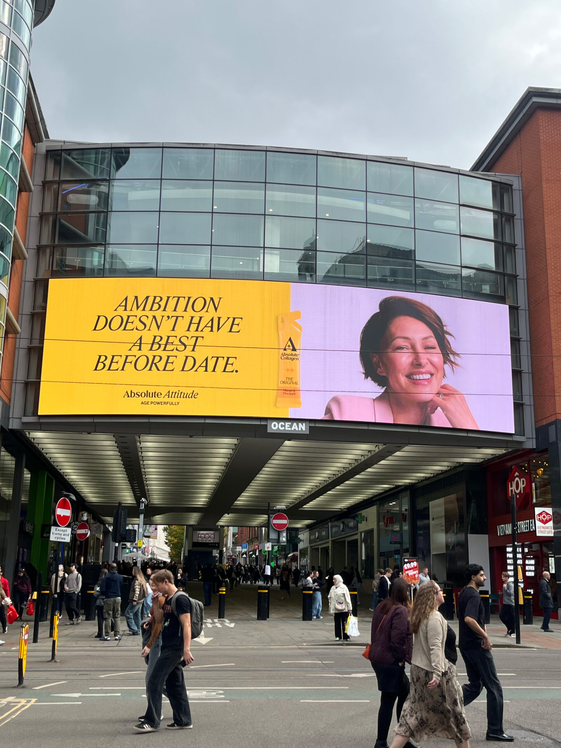 Absolute Collagen Ambition doesn't have a best before date campaign on a shopping centre screen