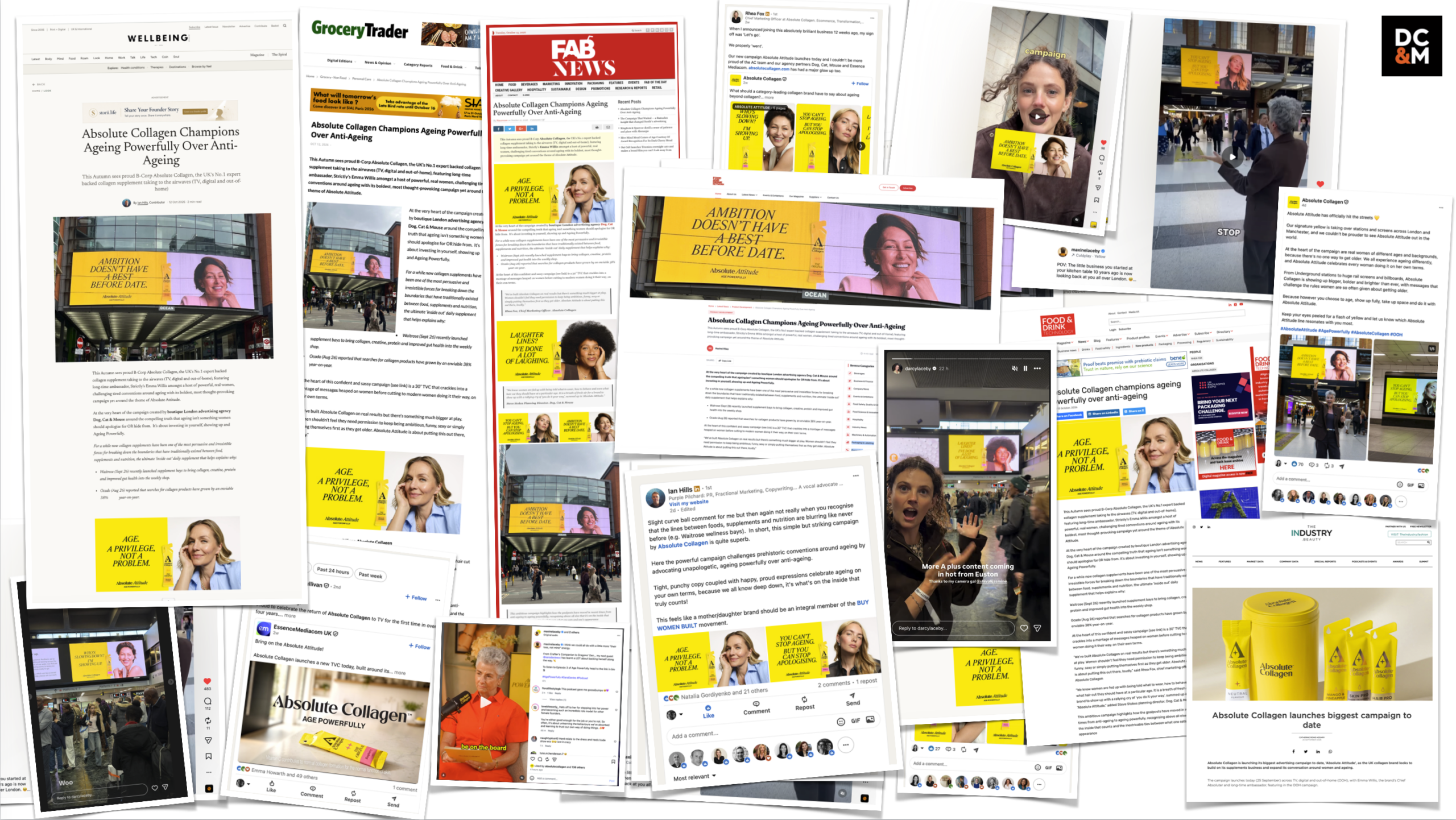 Press coverage, social posts and outdoor advertising from the Absolute Collagen Age Powerfully campaign